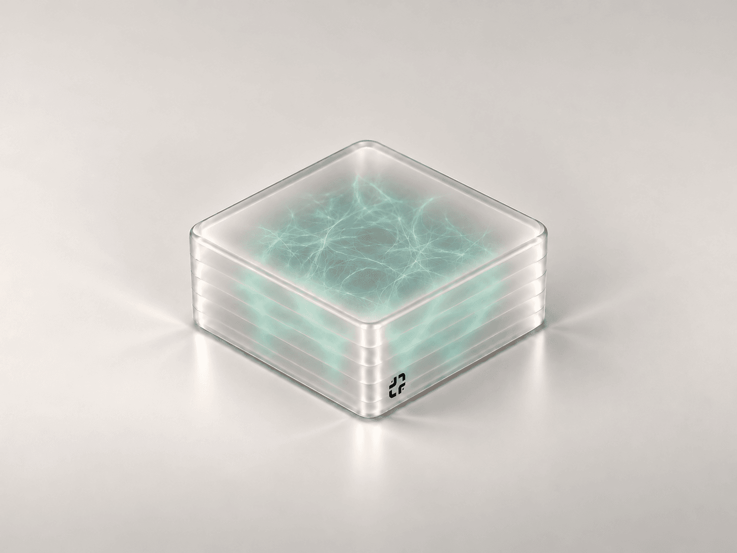 Green and blue memory connections inside a cloudy glass enclosure